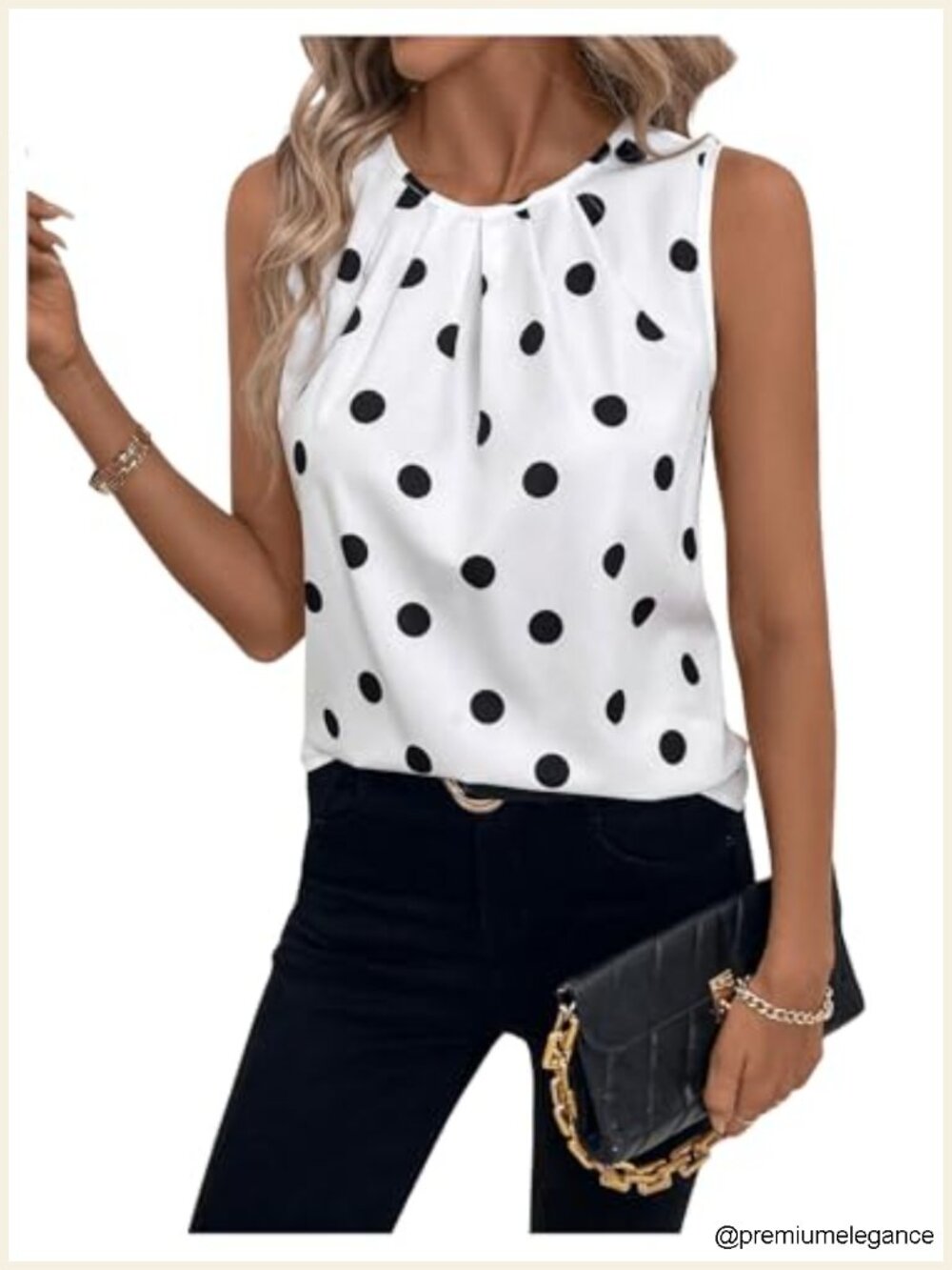Womens Polka Dot Sleeveless Tank Top Ruched Crew Neck Tee Blouse